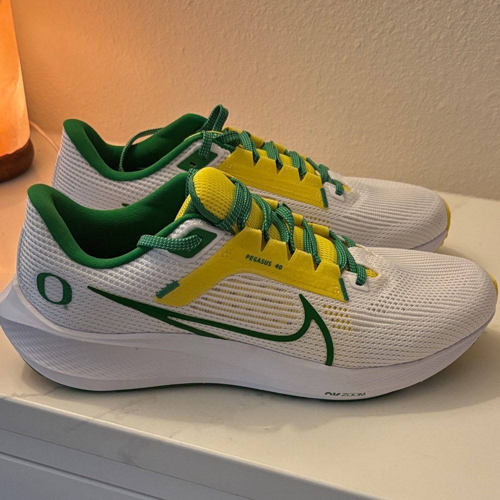 Nike White and Green Running Shoes with Yellow Highlights